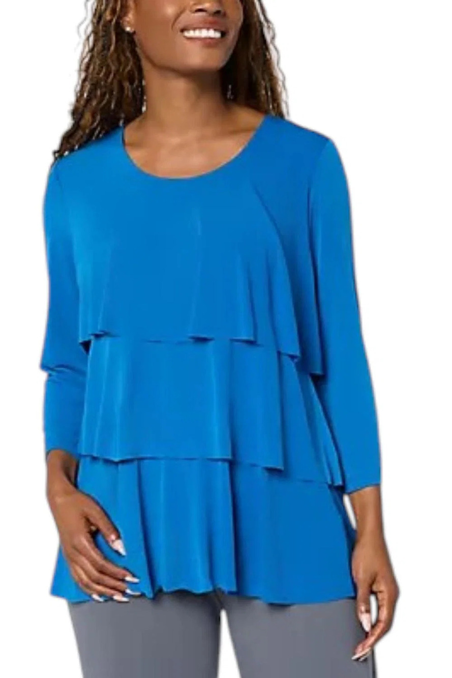 Susan Graver Women's Liquid Knit Scoop Neck Tiered Top Blue - Regular